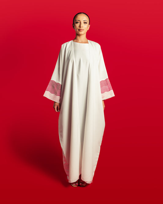 Red & Pink Embrioded Waves Sleeve Detail - White Open Abaya