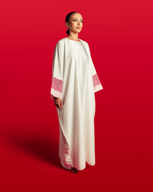 Red & Pink Embrioded Waves Sleeve Detail - White Open Abaya
