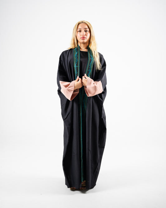 Teal & Green Embroidery With Dusty Pink Sleeve Open Abaya