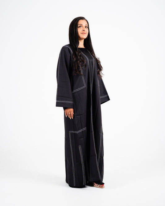 Black - White Thread Open Abaya
