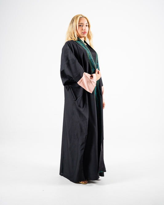 Teal & Green Embroidery With Dusty Pink Sleeve Open Abaya