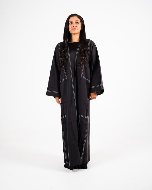 Black - White Thread Open Abaya